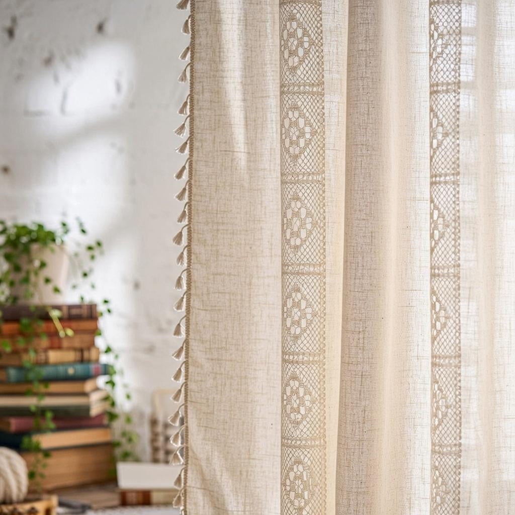 Crochet Lace Curtains Handmade Boho Tassel Trim Semi Blackout Window Treatment Farmhouse