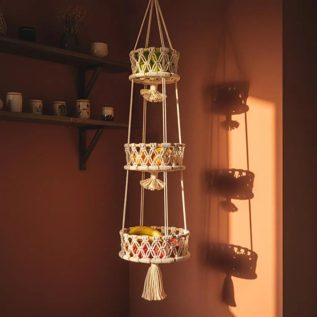 Macrame Tiered Fruit Hammock | Boho Kitchen Storage | Handmade Veggie Organizer 1 2 3 Tier