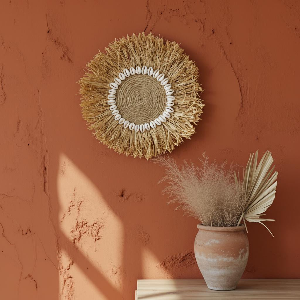 Handmade Raffia Hanging with Cowrie Shells | Boho round Straw Art | Beach House Gift