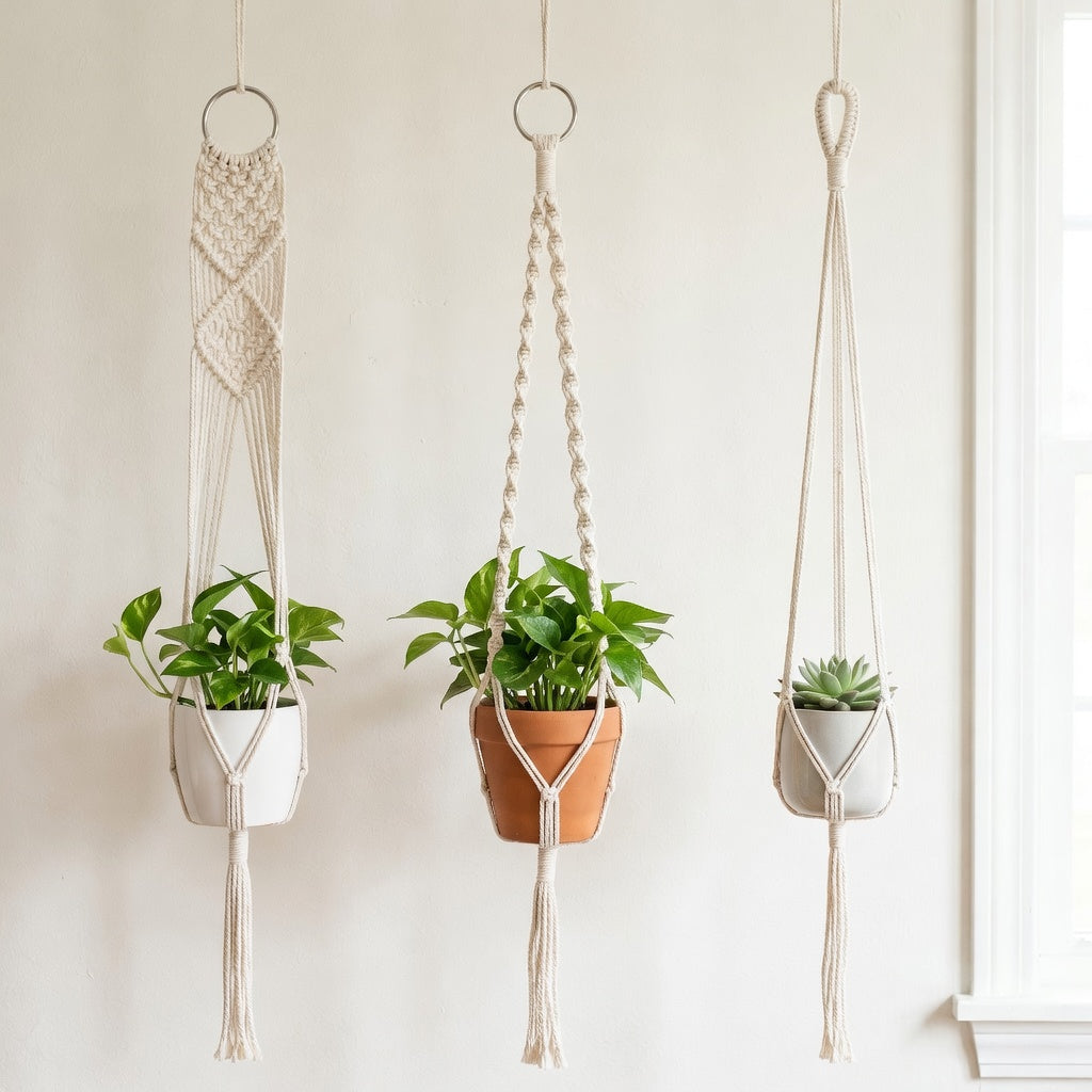 Three minimalist macrame plant hanger styles side by side on white wall, ring top and loop top cotton rope