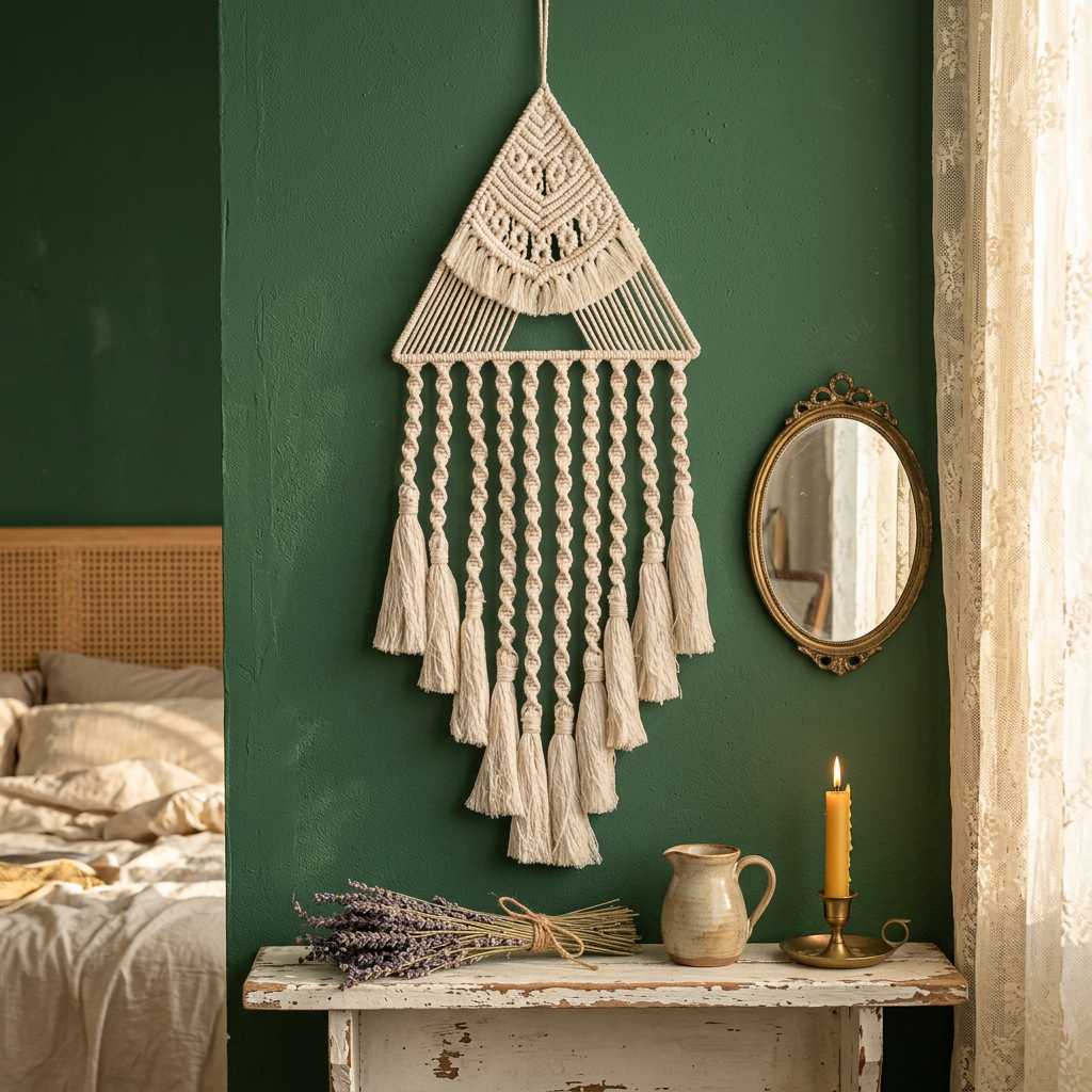 Triangle macrame dreamcatcher on dark green wall with vintage console and dried lavender — boho bedroom wall decor