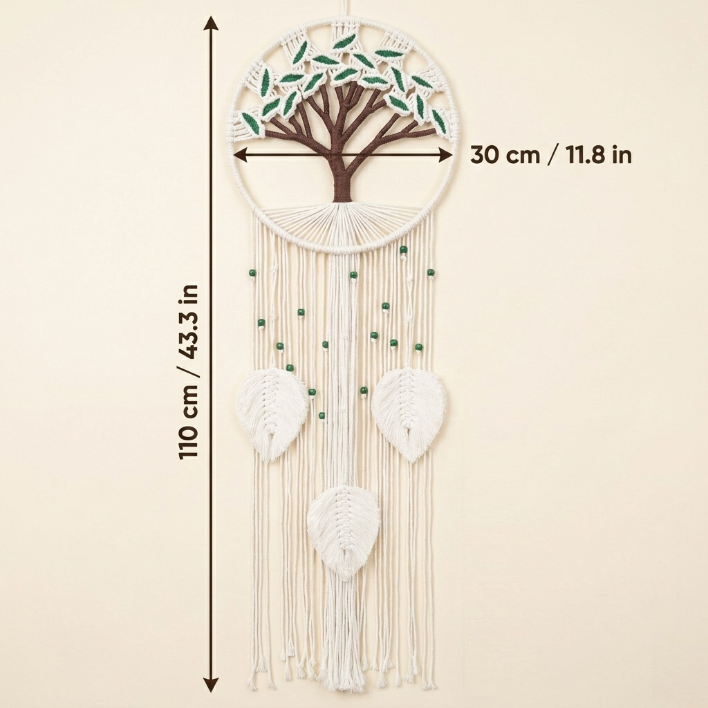 Tree of life macrame wall hanging size guide, hoop diameter 30cm 11.8in total length 110cm 43.3in, cotton rope art