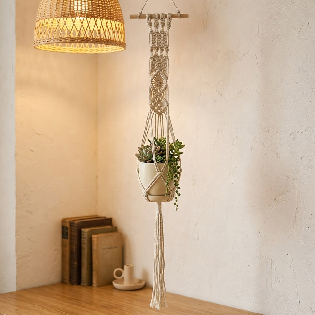 Diamond pattern macrame plant hanger with wooden dowel in boho home office, rattan lamp, warm ambient light