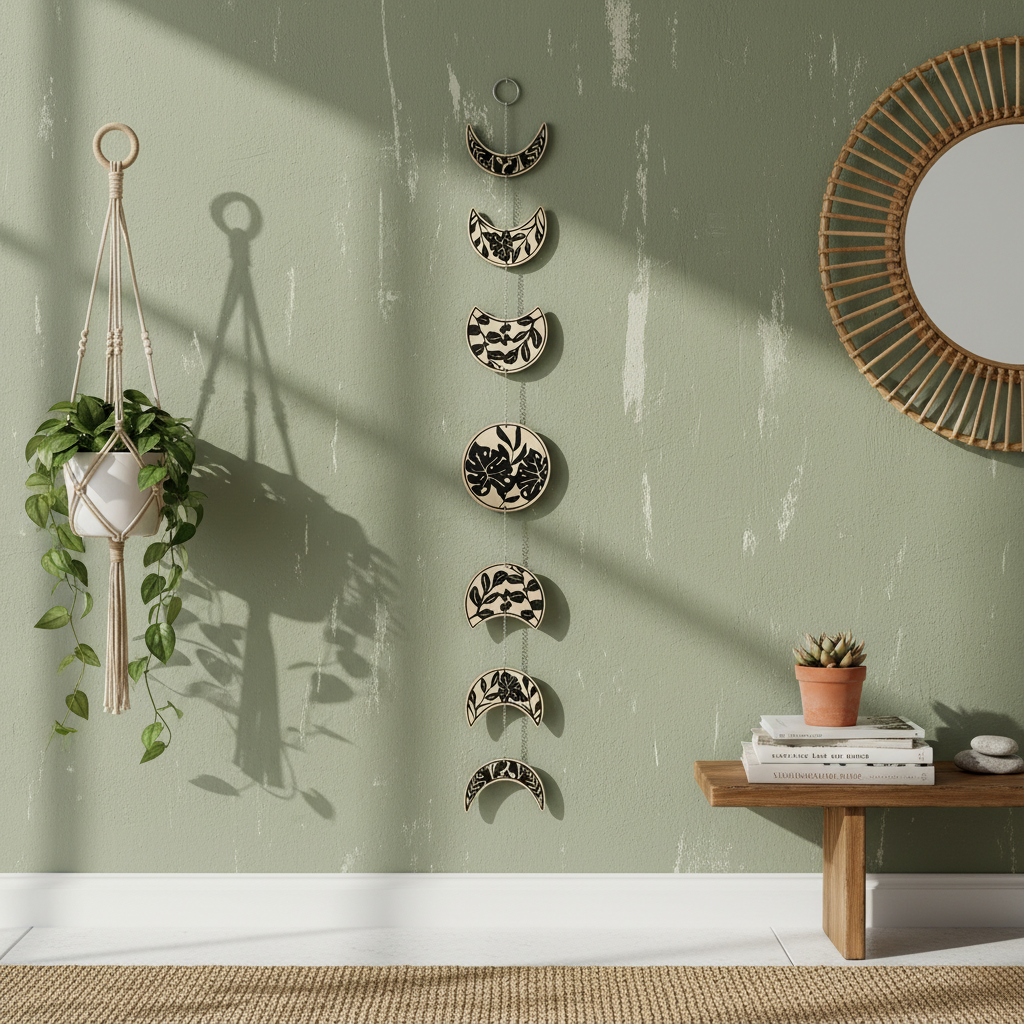 Moon phase wall hanging above entryway console in neutral boho interior, celestial home decor styling