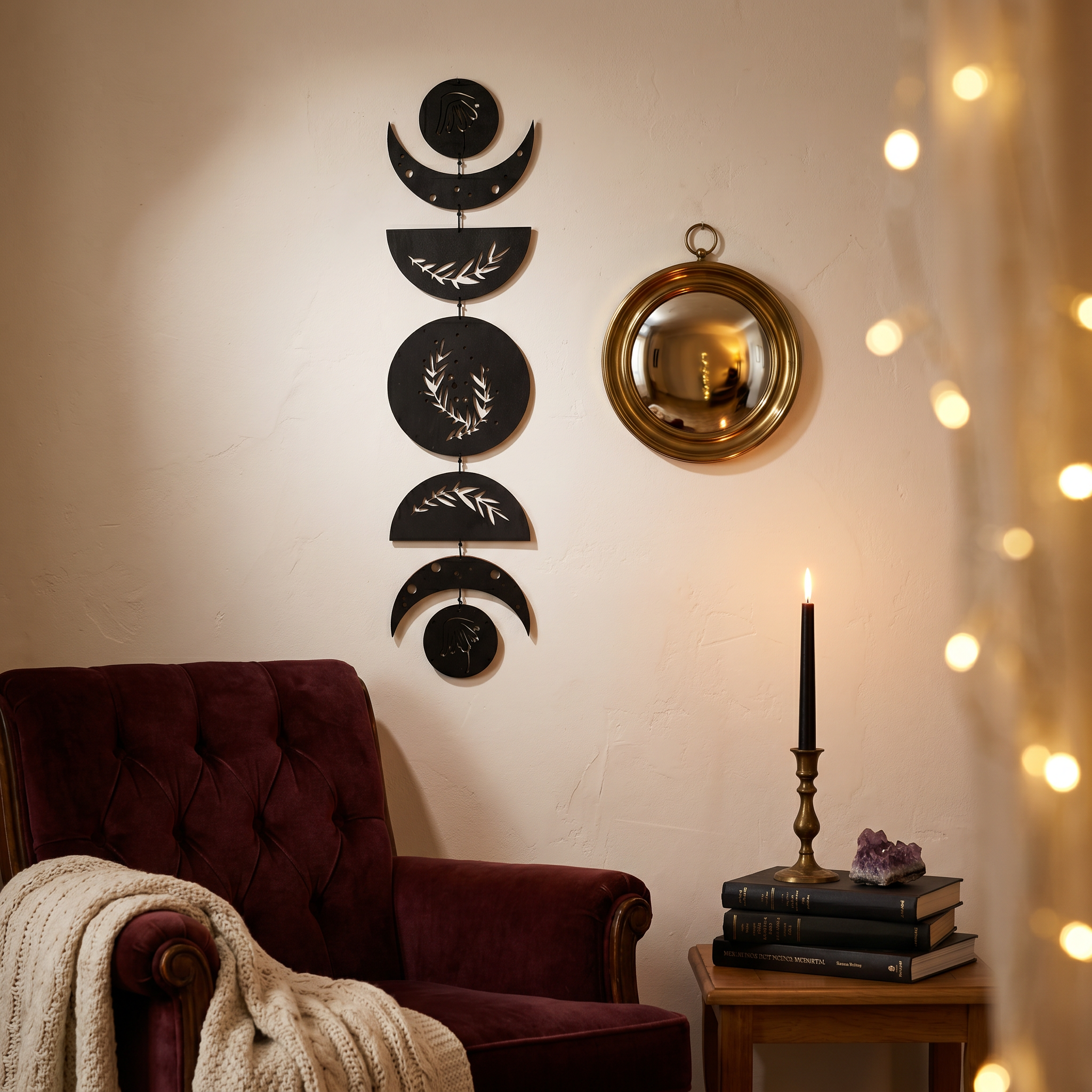 Five moon phases wooden wall hanging — laser-cut laurel wreath and star perforations detail