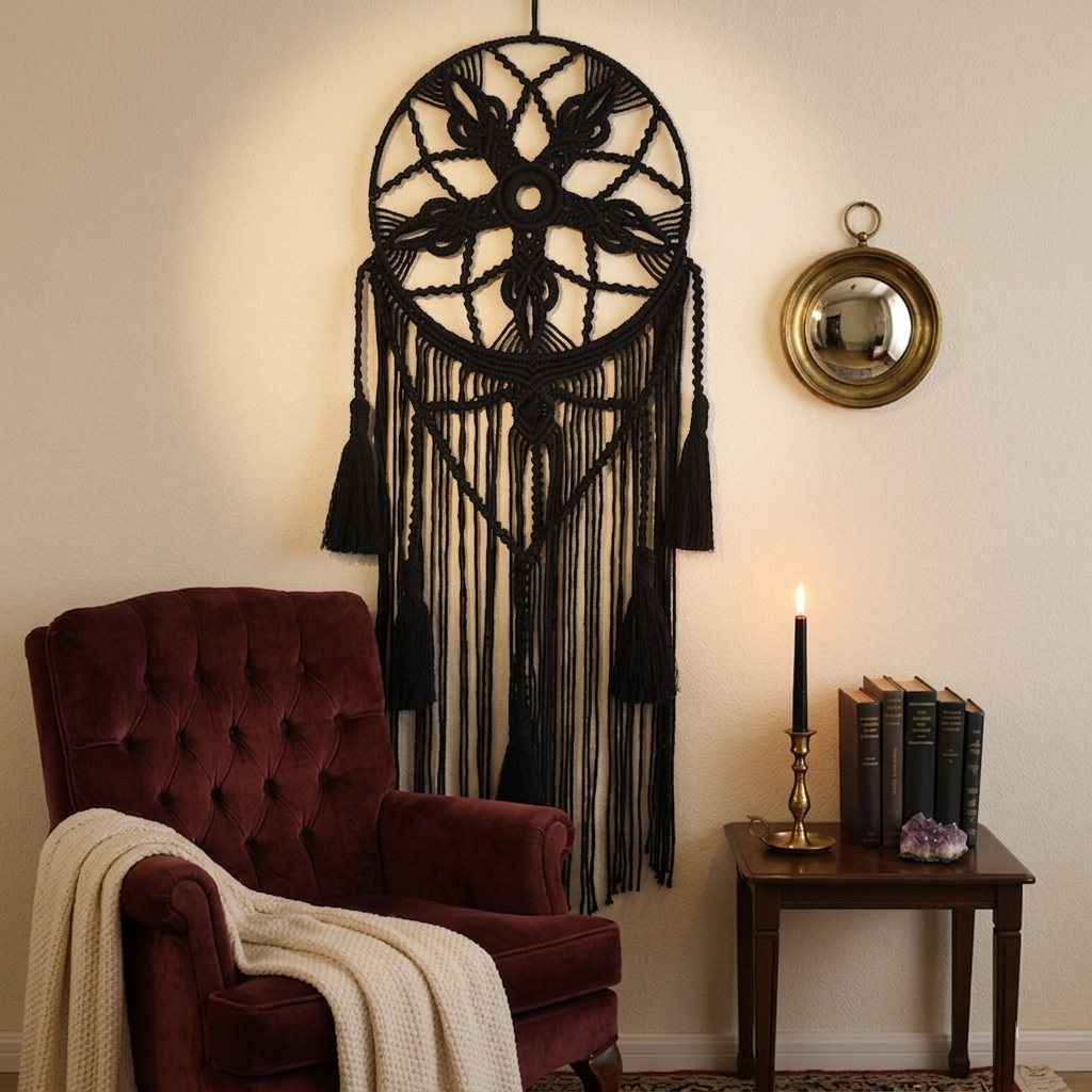 Black round macrame dreamcatcher on cream wall above burgundy velvet armchair in witchy reading nook — Bohoartis
