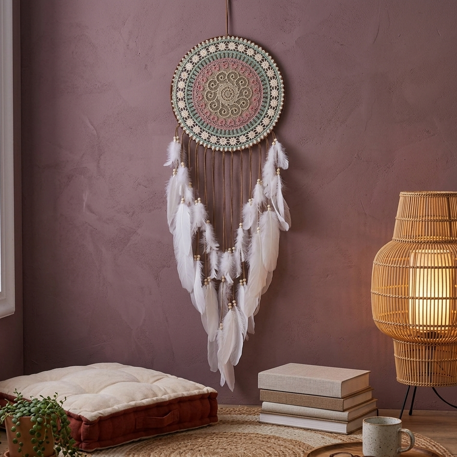 Large boho dreamcatcher Style 02 with open spiral mandala on dusty rose wall — bohemian living room decor