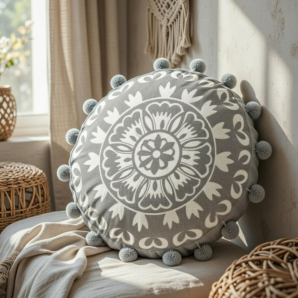 Mandala round Pillow Cover 18" Embroidered Cotton Cushion Boho Ethnic Home Decor