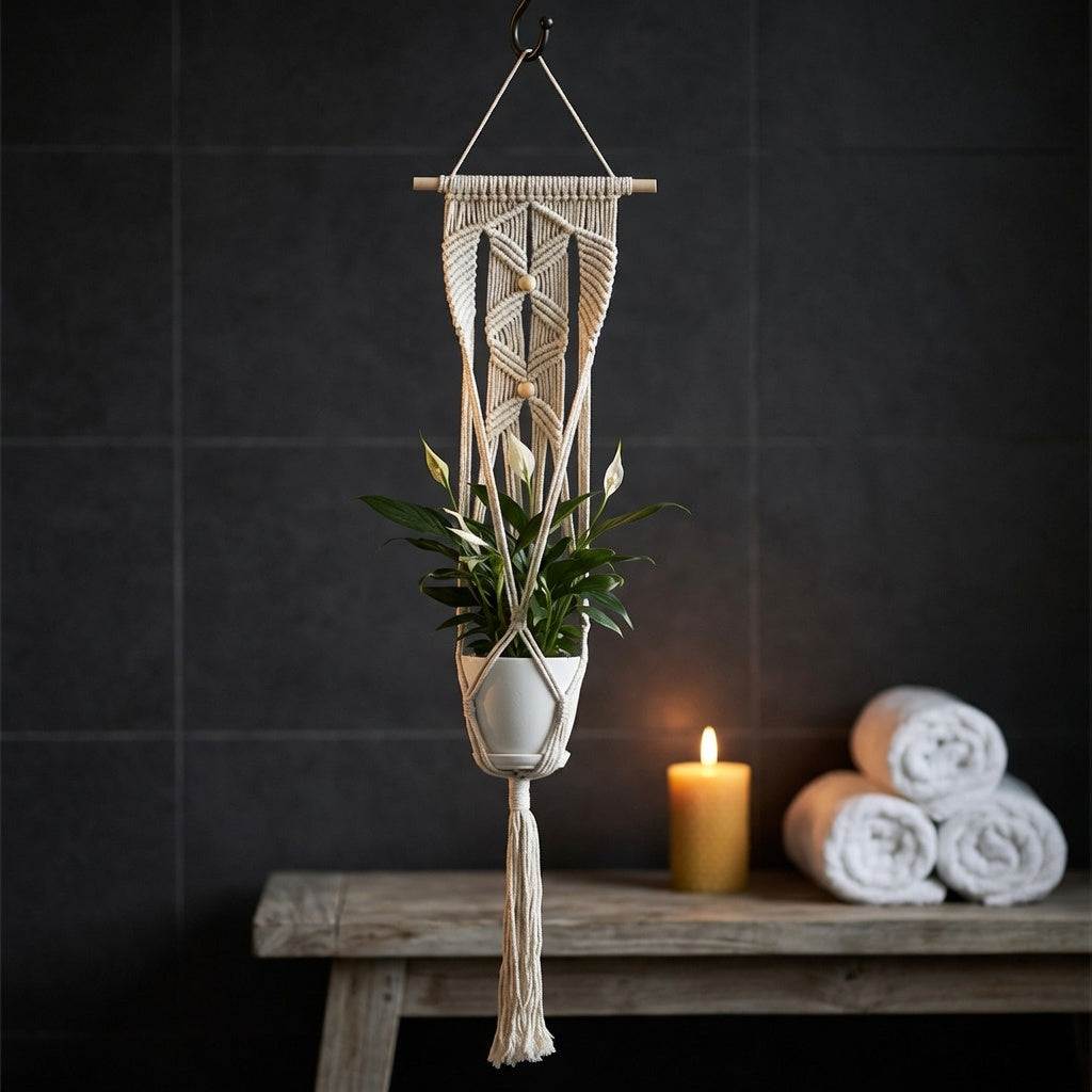 Cotton rope macrame plant hanger with tassels displayed in moody bathroom dark wall spa home decor