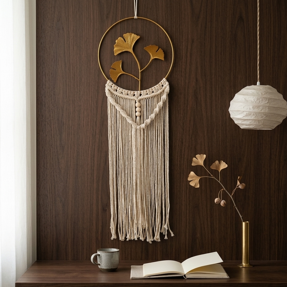 Gold metal ginkgo leaf wall hanging on dark walnut wood panel wall in minimalist Japandi home office — Bohoartis