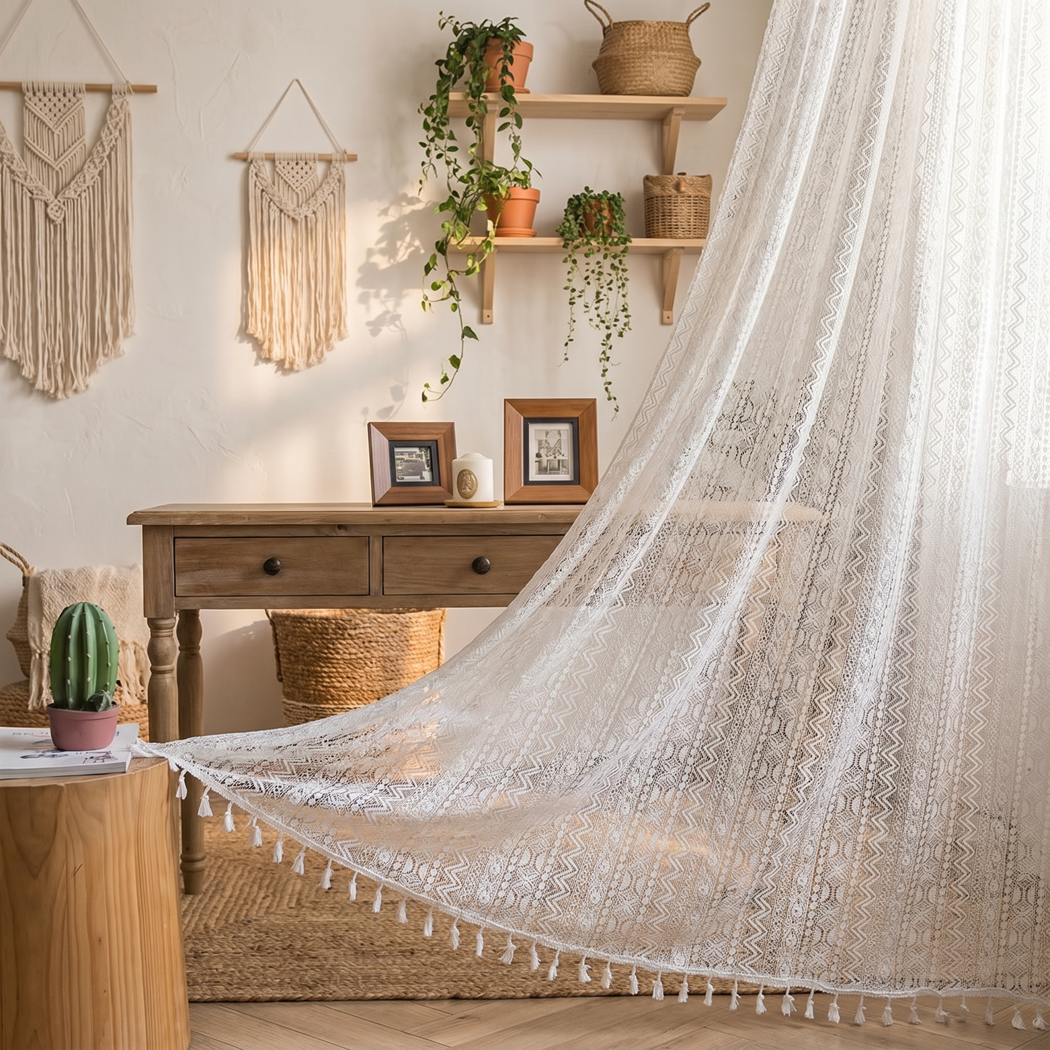 Decorative canopy over a bed in a room with wooden furniture and plants.