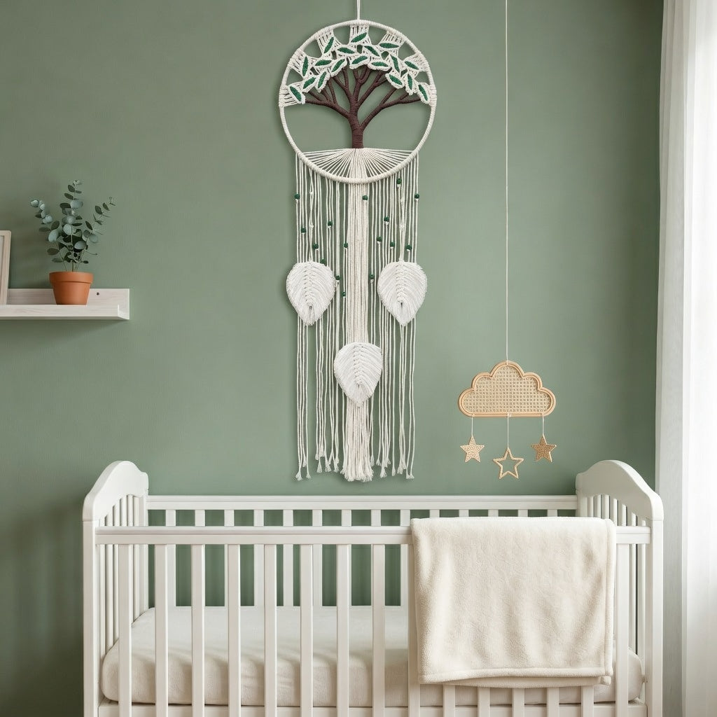 Tree of life macrame wall hanging in boho nursery above white crib, sage green wall, nature cotton rope baby room decor