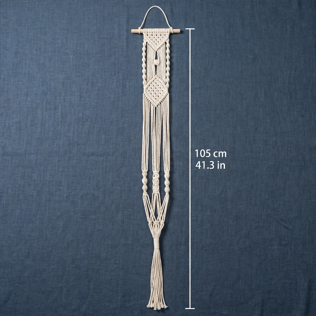 Macrame plant hanger with wooden dowel flat lay size chart 105 cm 41 inches beige cotton rope diamond pattern