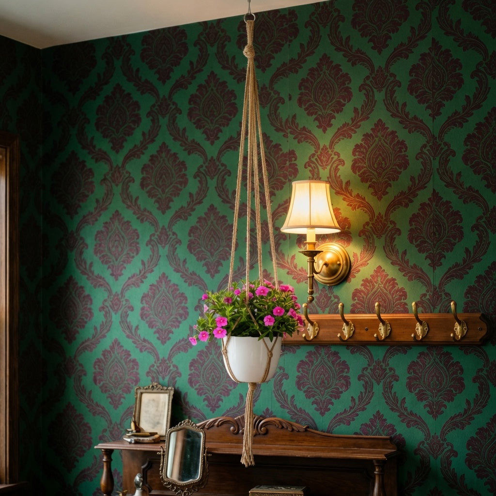 Jute plant hanger with pink flowers against emerald wallpaper in a maximalist entryway