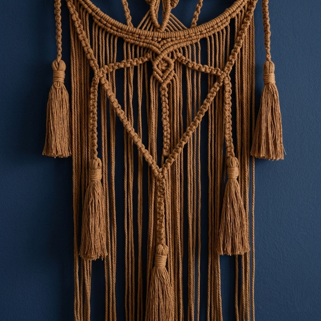 Close-up brown macrame dreamcatcher V-shaped tassel section cotton fringe on navy blue background — Bohoartis