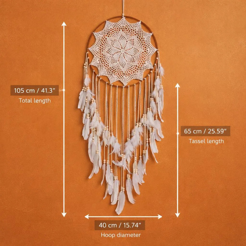 Large Boho Dreamcatcher with Feathers | Crochet Lace Hanging | Bohemian Bedroom Gift for Her