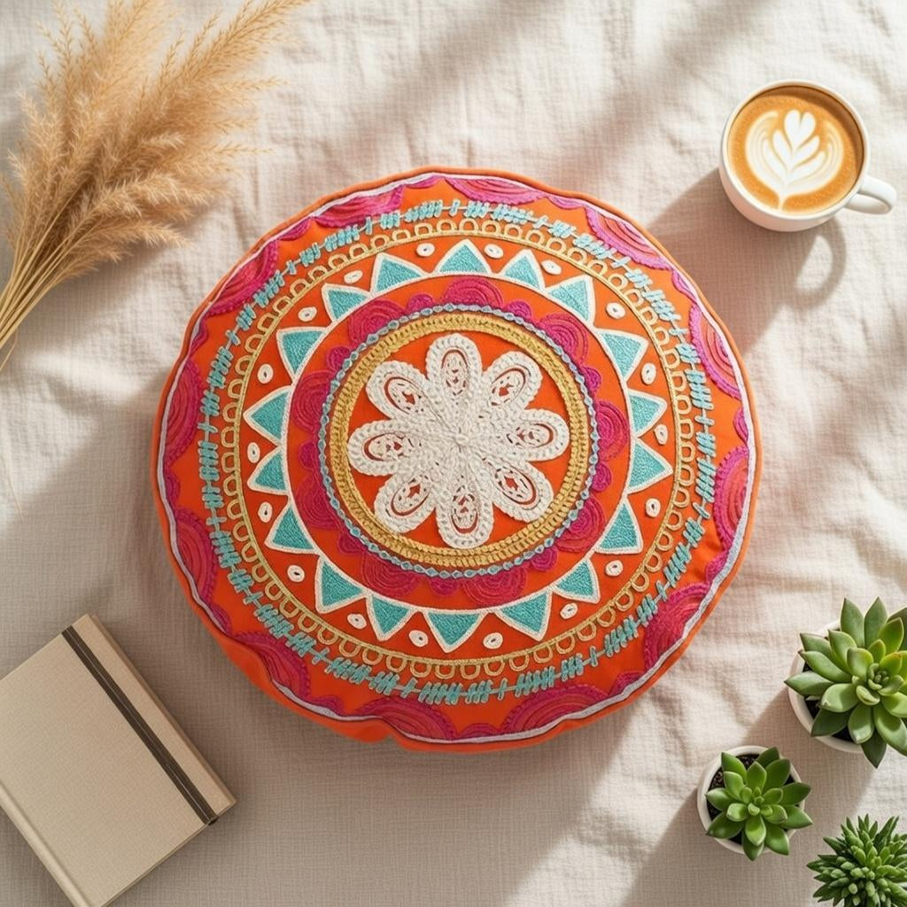 Round Mandala Pillow Cover 18" Embroidered Boho Cushion Ethnic Home Decor