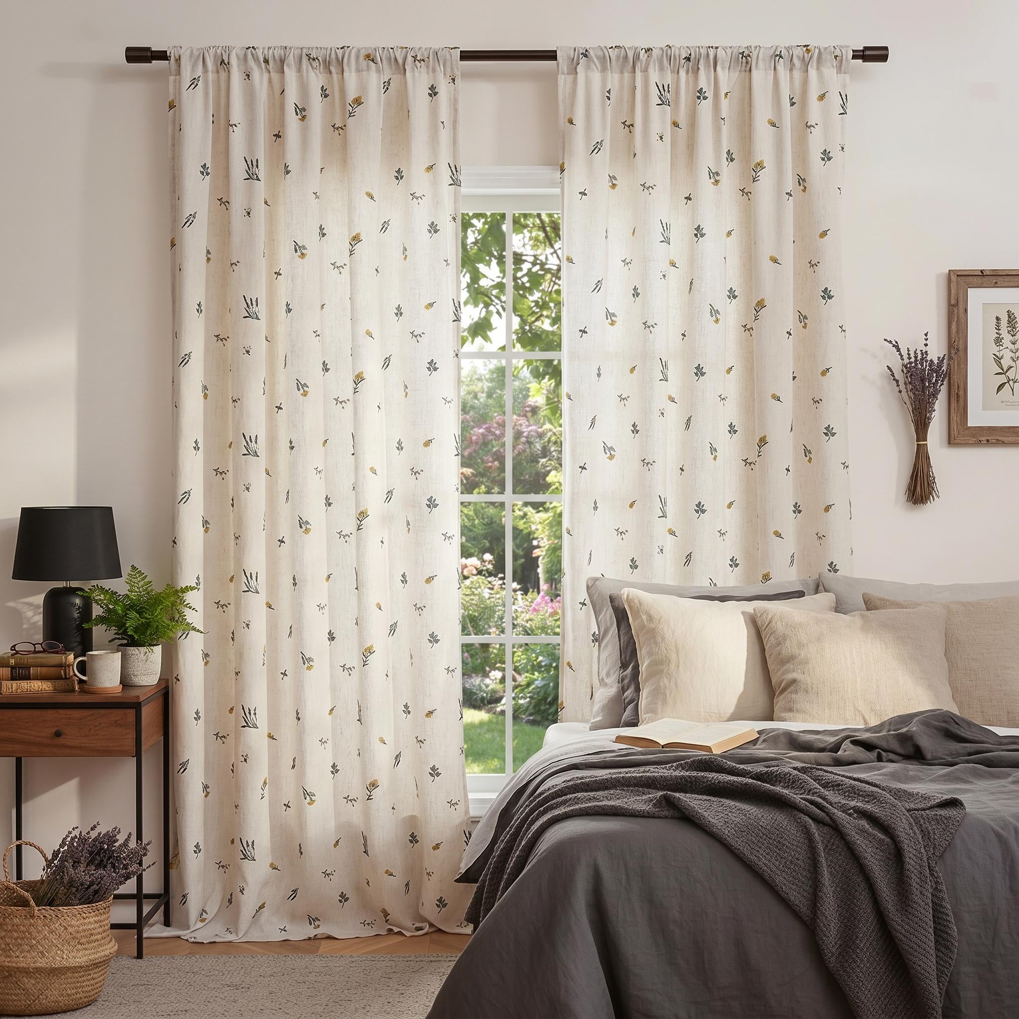 Boho Embroidered Linen Curtain Daisy Floral Farmhouse Rod Pocket Window Drape