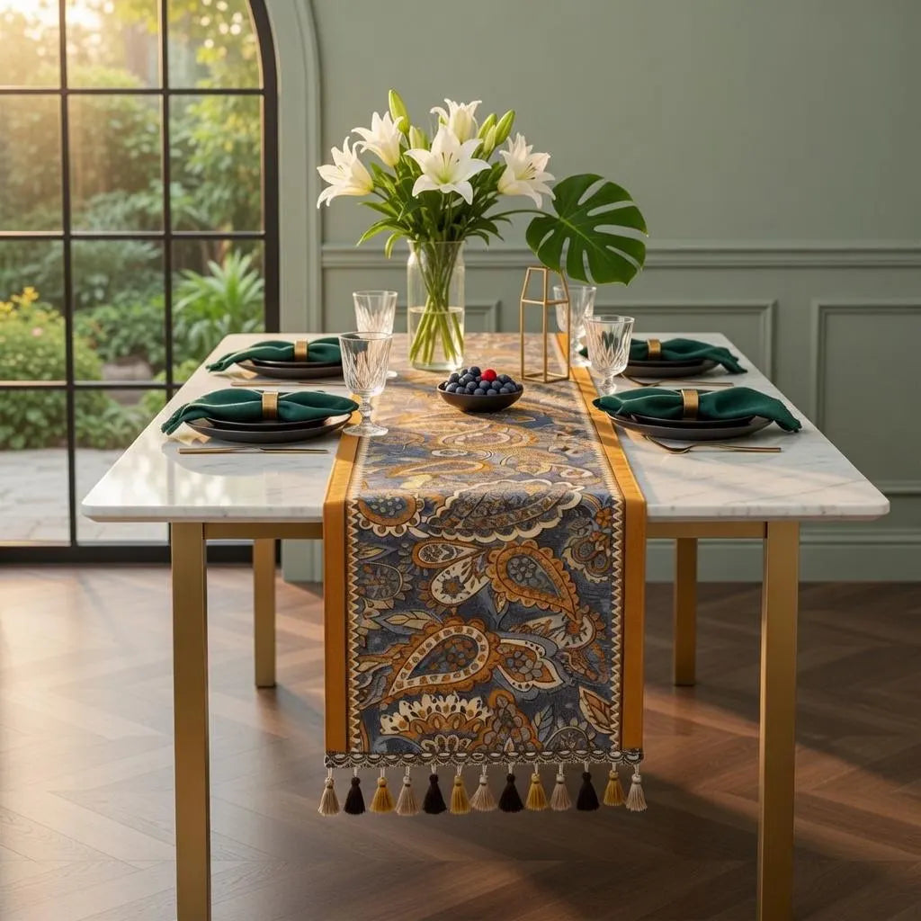 Boho Paisley Table Runner with Tassels | Farmhouse Vintage Fringe Runner | Wedding Holiday Decor