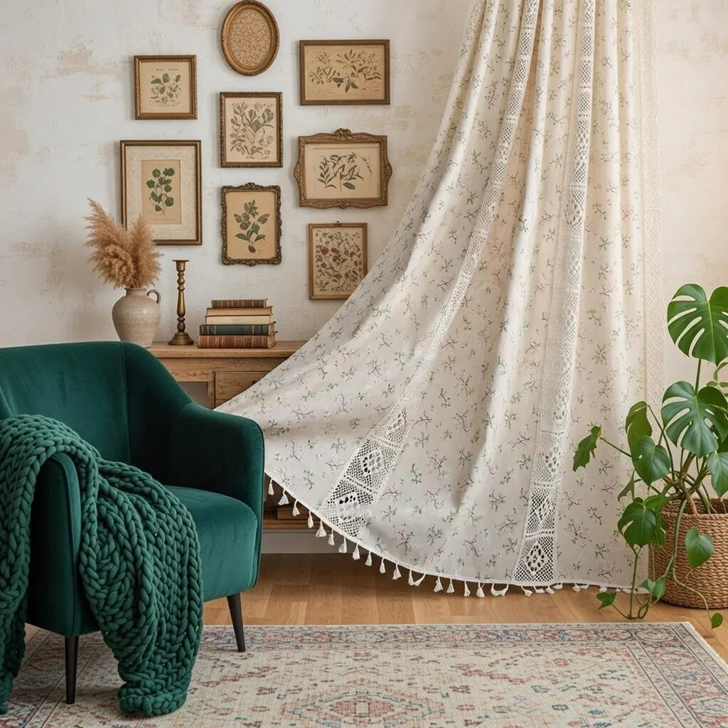 Crochet Lace Curtains Handmade Boho Tassel Trim Semi Blackout Window Treatment Farmhouse