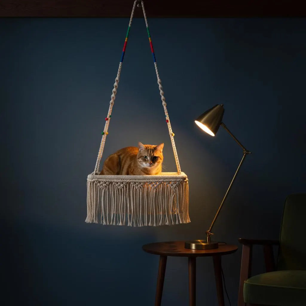 Macrame Hanging Cat Bed Boho Fringe Swing Hammock Woven Cotton Cat Mom Gift