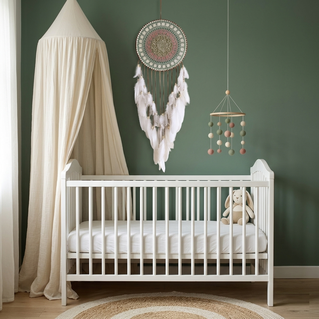 Mandala dreamcatcher in sage green nursery above white baby crib with cream canopy — boho nursery wall decor