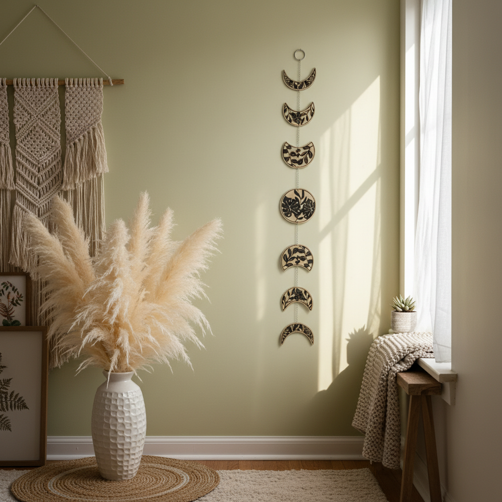 Full moon phase garland vertical chain on light wall, 80cm lunar cycle art, witchy wall decor above bed