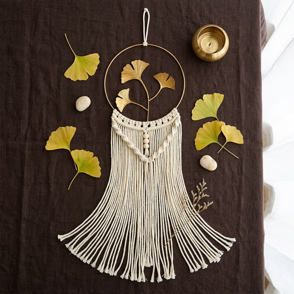 Ginkgo leaf macrame wall hanging flat lay on dark espresso linen with fresh ginkgo leaves and brass tealight — Bohoartis