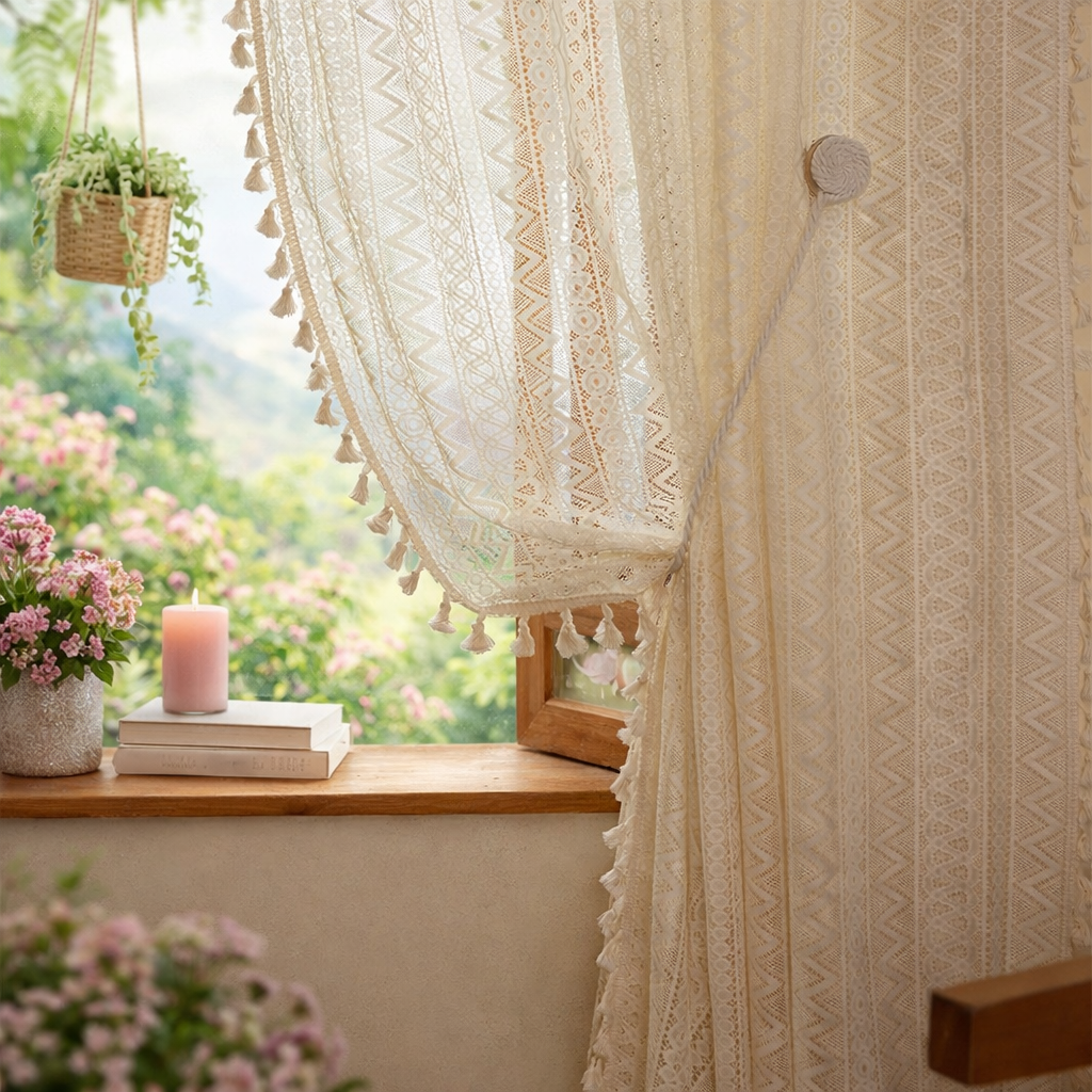 Decorative lace curtain with tassels in a room with flowers and a candle.
