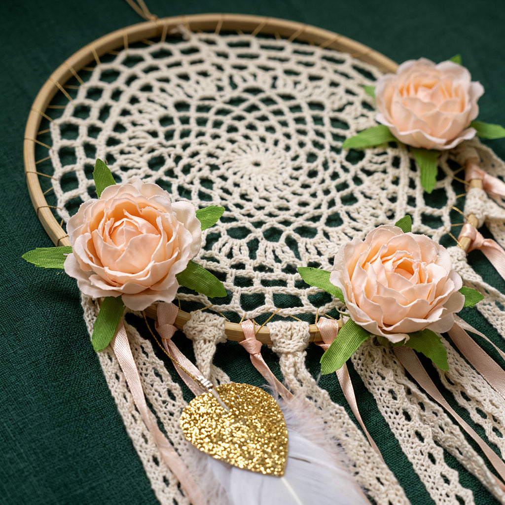 Close-up bohemian flower dreamcatcher blush peach roses gold glitter hearts lace web on dark green background