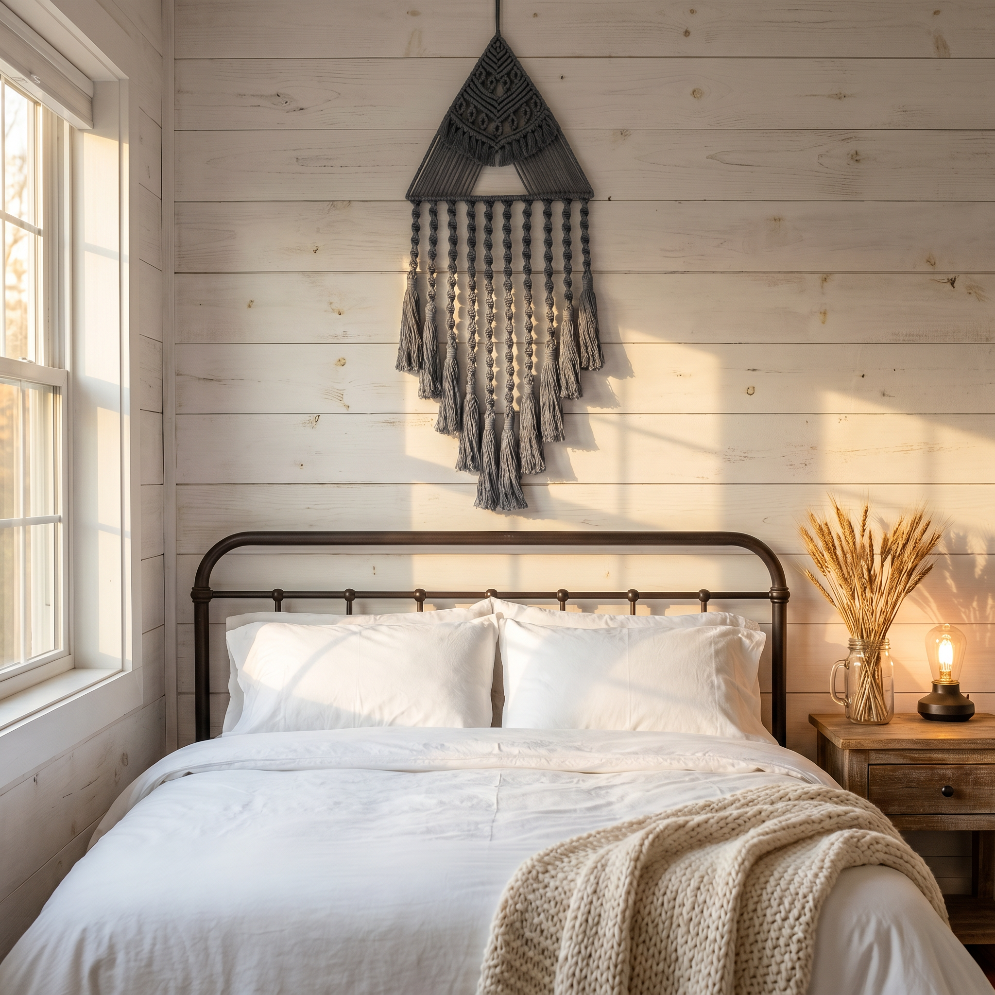Gray triangle macrame dreamcatcher on white shiplap wall above farmhouse iron bed — boho bedroom wall decor with fringe tassels