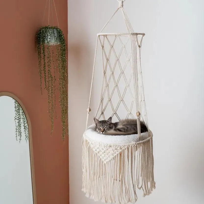 Macrame Cat Hammock – Handmade Fringe Hanging Bed, Boho Pet Decor, Cat Lover Gift