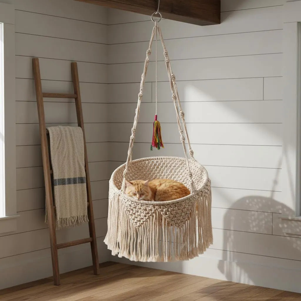 Macrame Cat Bed Hanging Hammock, Boho Cat Nest Cotton Basket, Fringe Pet Swing Gift