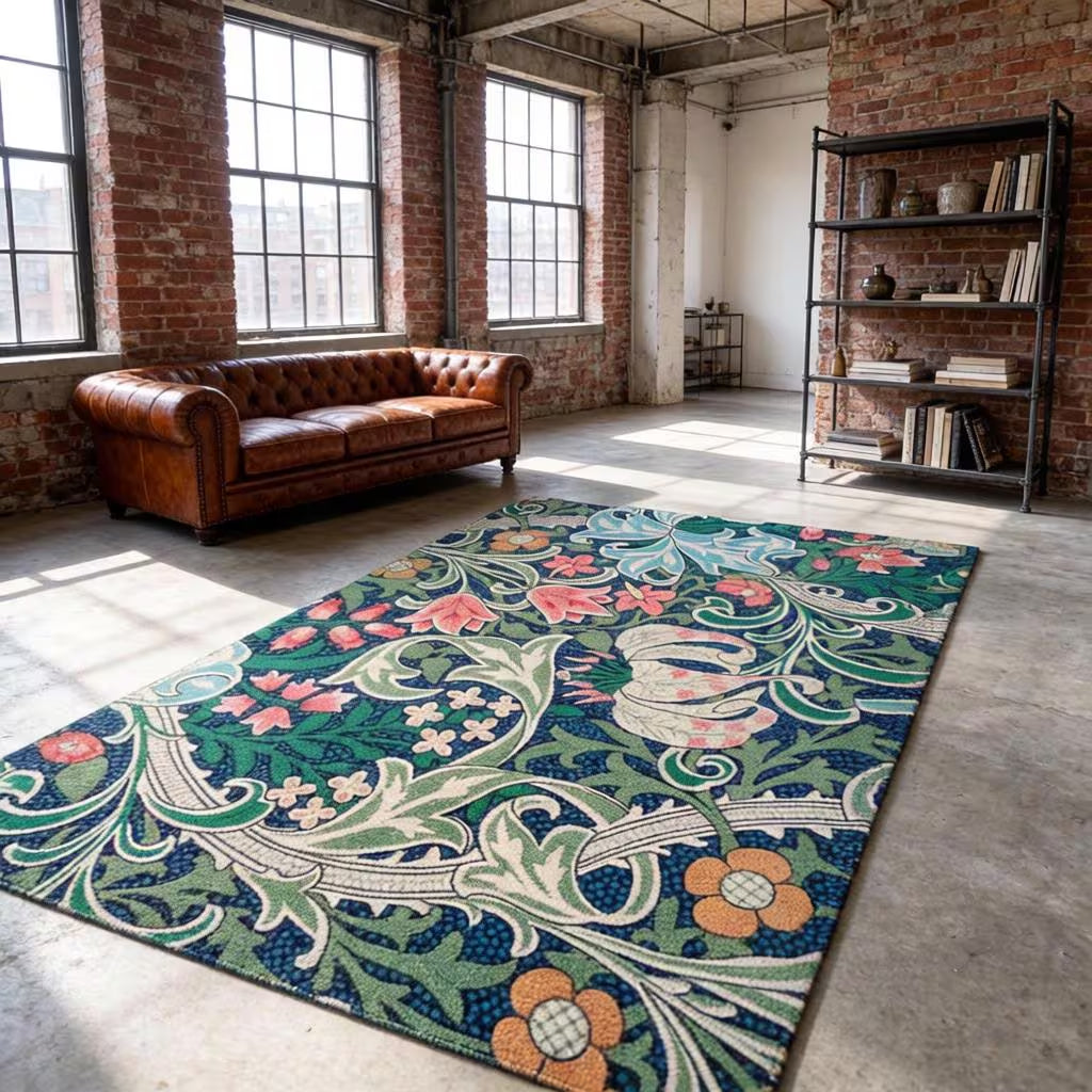 William Morris Strawberry Thief area rug in teal blue floral pattern, styled in a modern living room with a leather sofa — Bohoartis