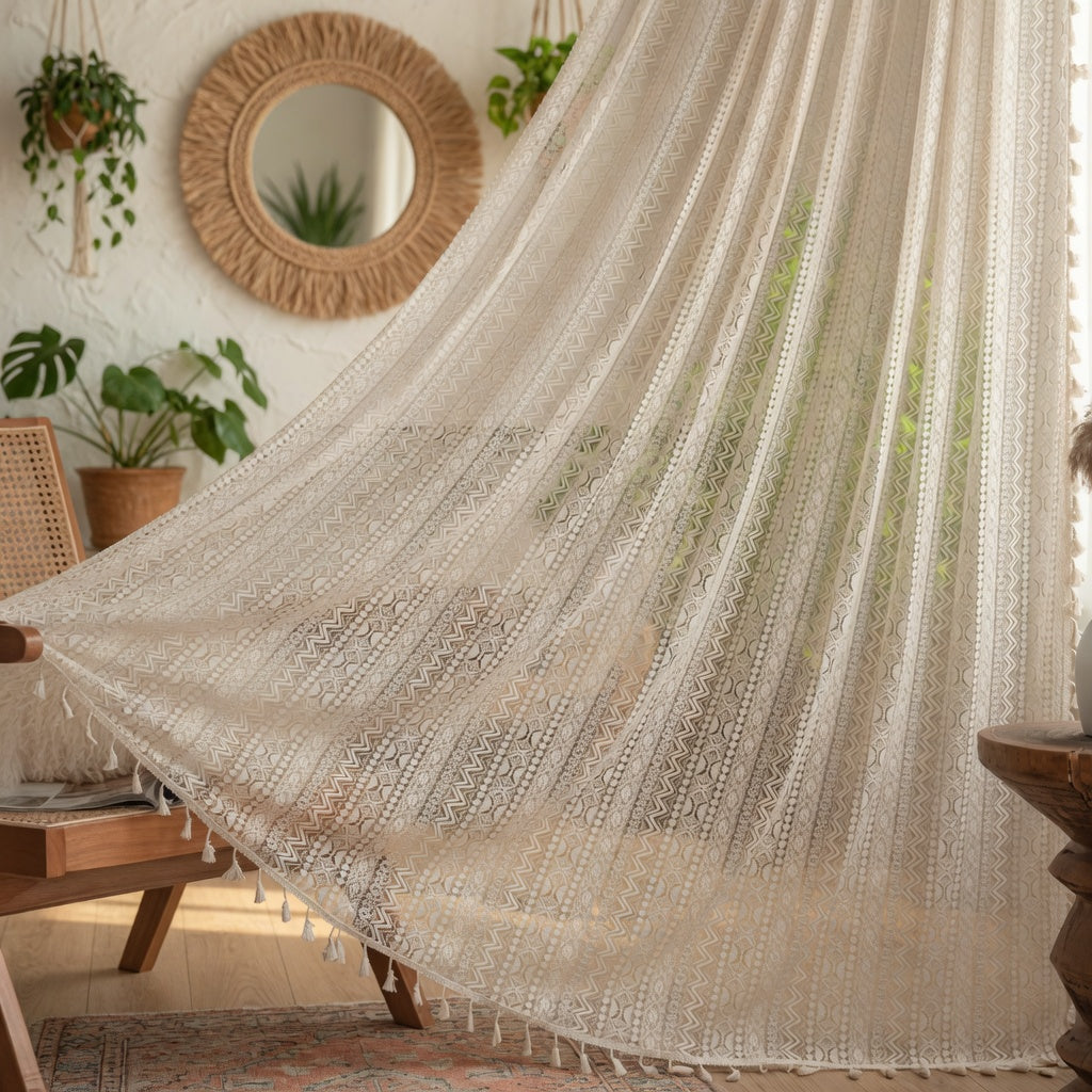 Beige textured fabric draped over a chair in a room with plants and a mirror.