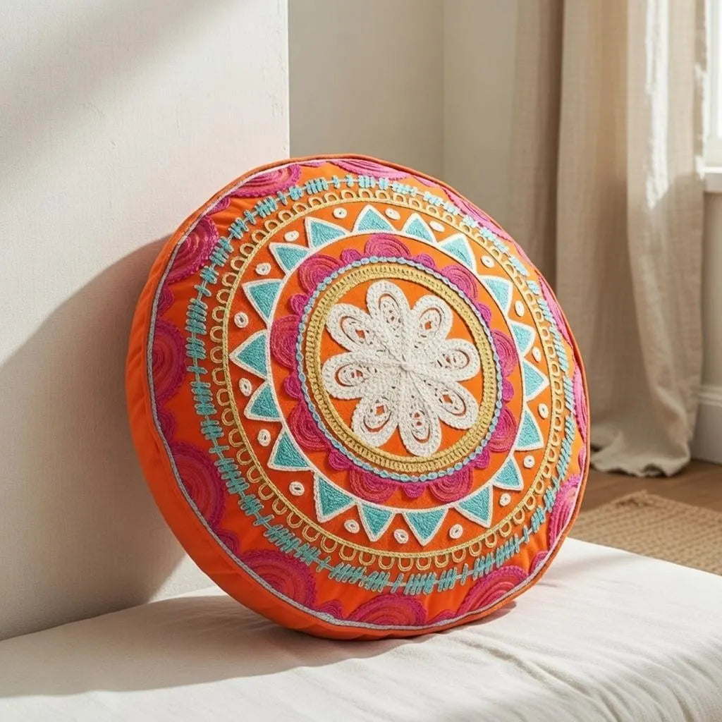 Round Mandala Pillow Cover 18" Embroidered Boho Cushion Ethnic Home Decor