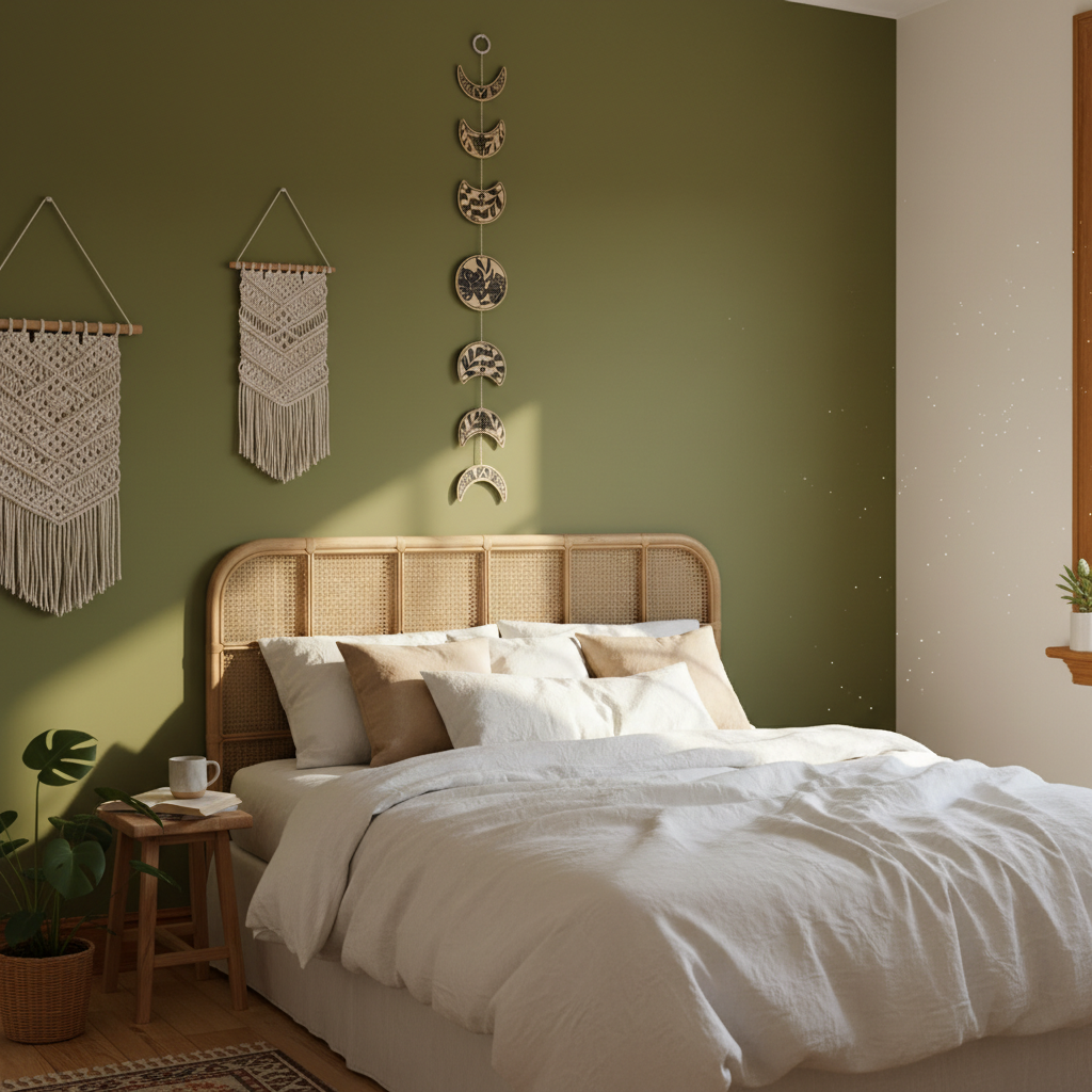 Moon phase wall hanging above bed in boho bedroom, olive green wall, lunar cycle garland nursery decor