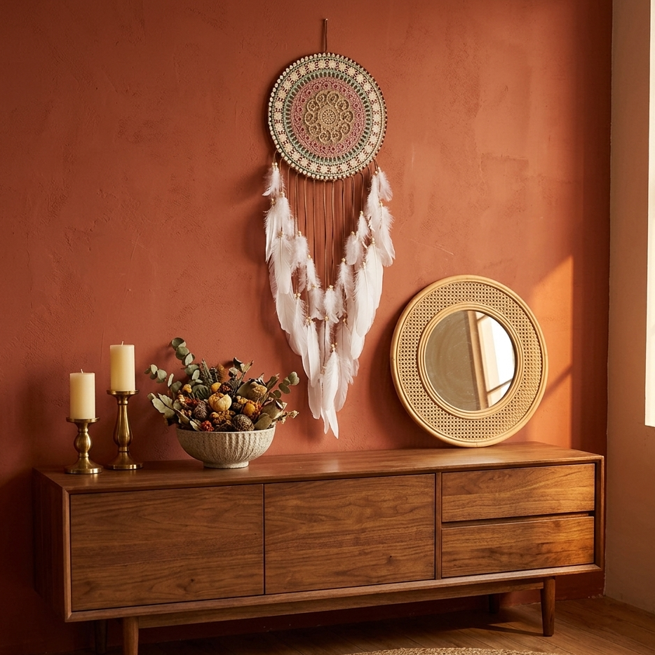 Boho mandala dreamcatcher above wooden sideboard on terracotta wall — large feather wall hanging living room