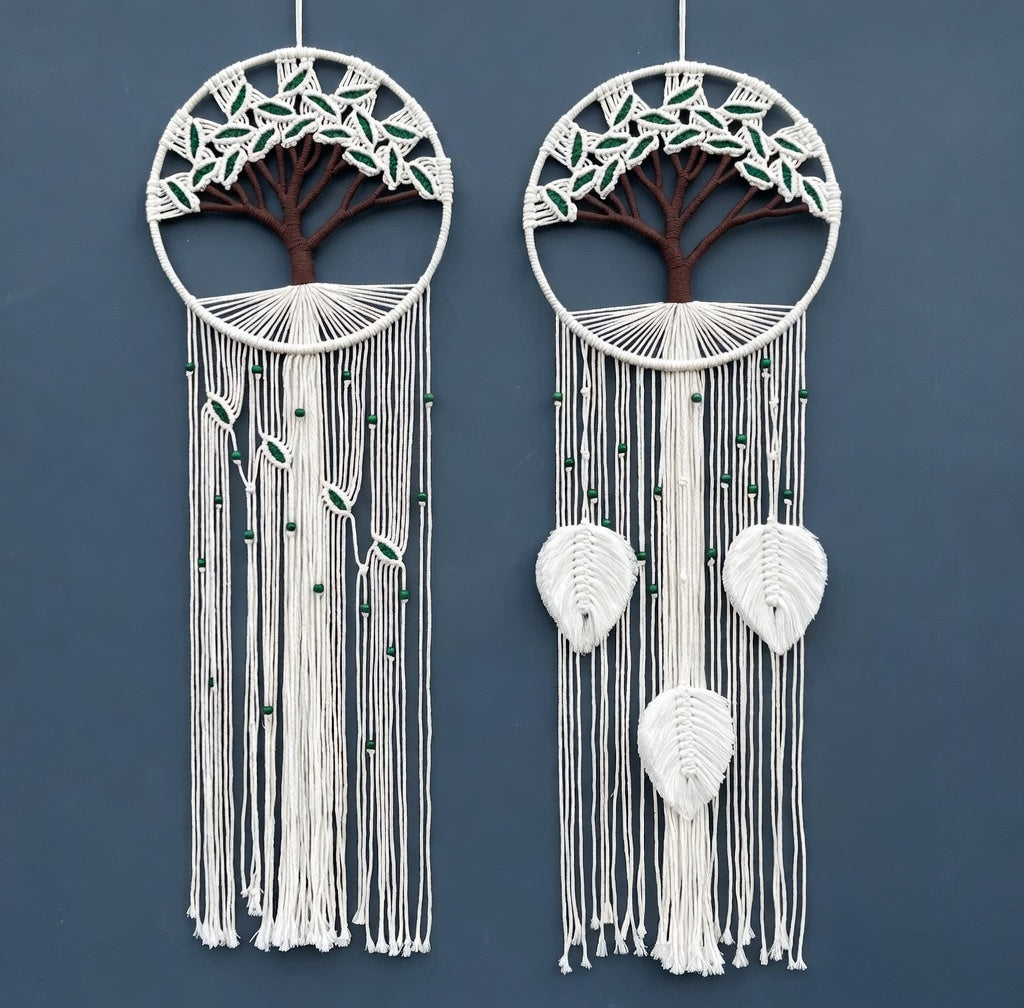 Tree of life macrame wall hanging two variants side by side, white leaf tassels vs green leaves fringe comparison