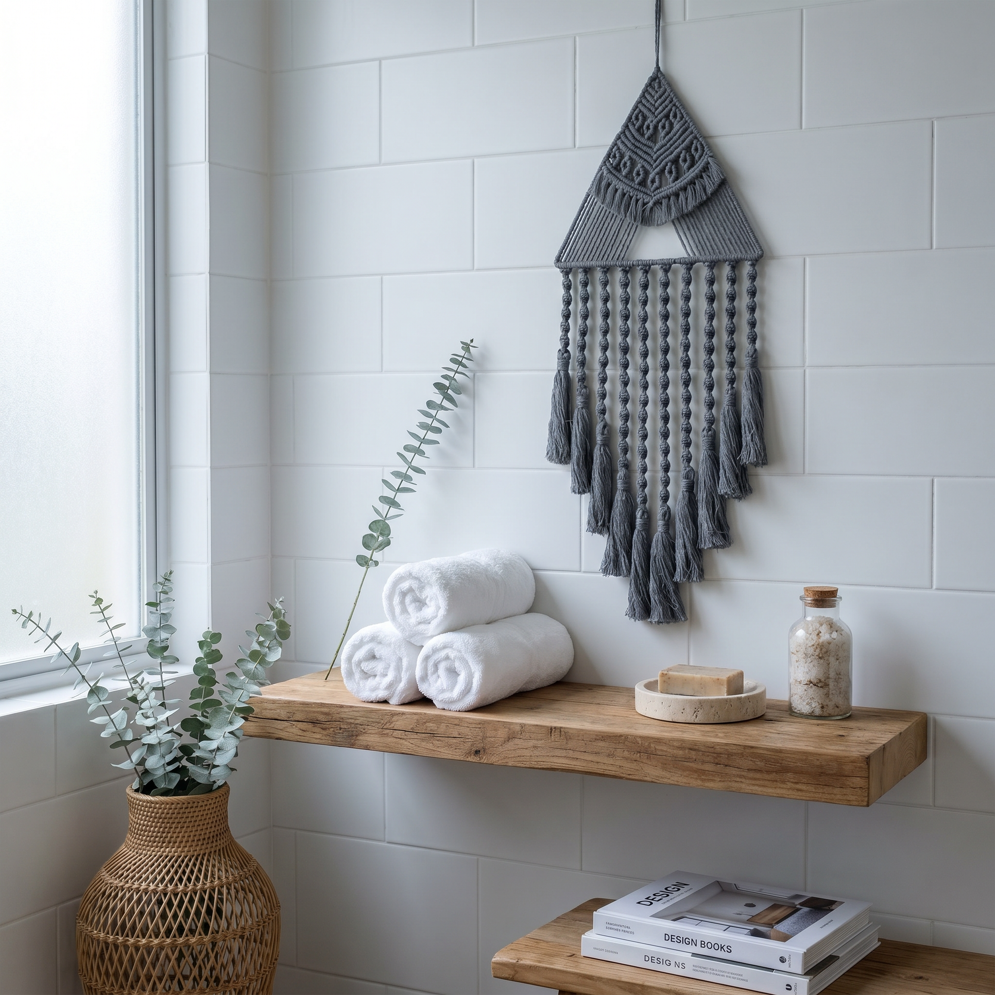 Gray triangle macrame wall hanging in boho bathroom above wooden shelf with towels and eucalyptus — cotton tassel decor
