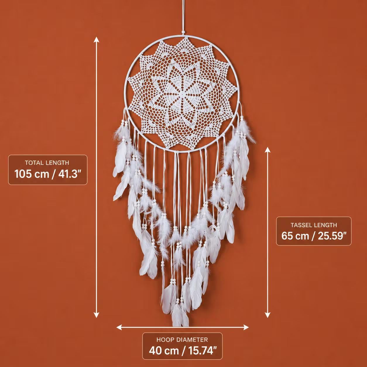 White dreamcatcher with measurements on an orange background