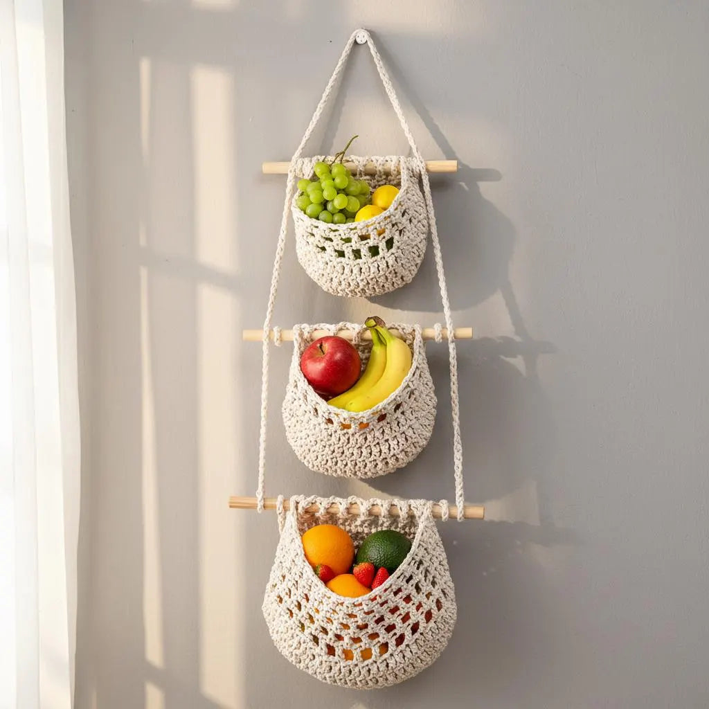 Macrame wall hanging basket with apples and citrus in three compartments, white background