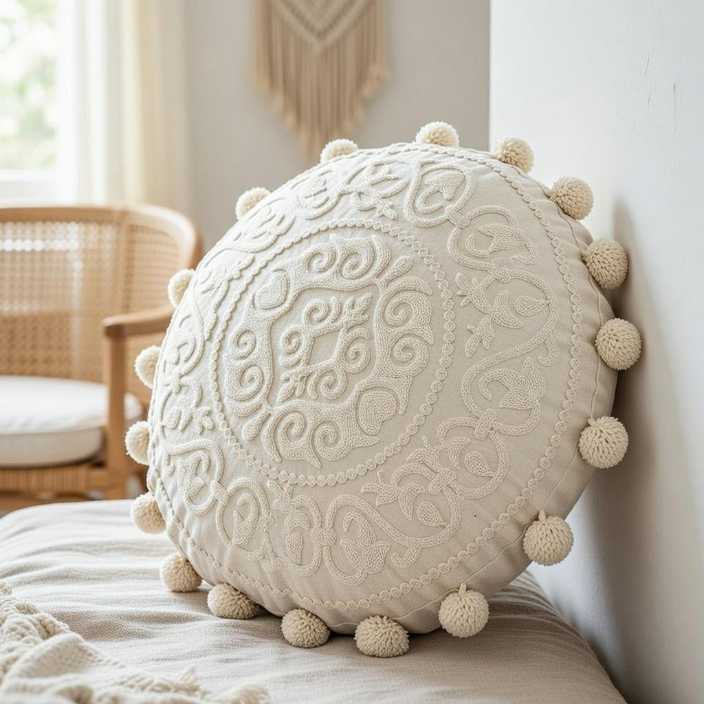 Mandala round Pillow Cover 18" Embroidered Cotton Cushion Boho Ethnic Home Decor