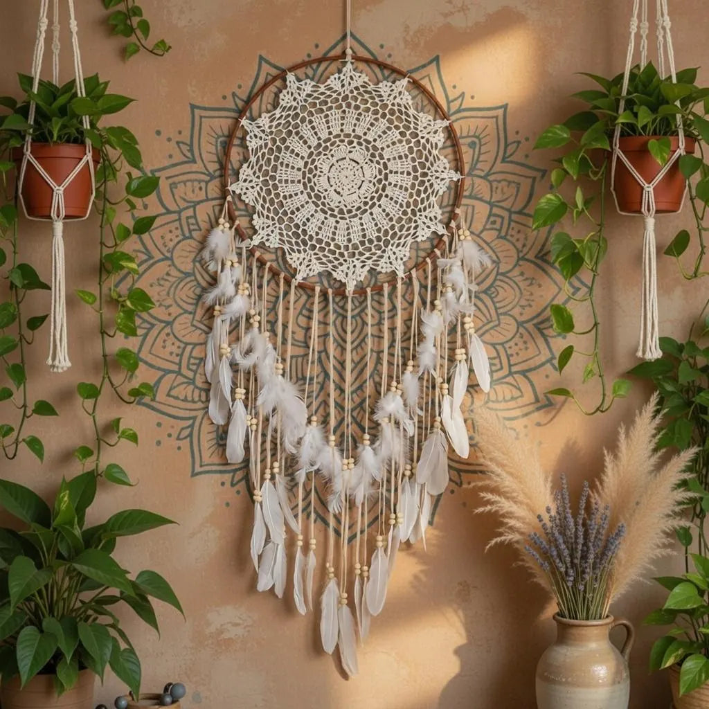 Large Boho Dreamcatcher with Feathers | Crochet Lace Hanging | Bohemian Bedroom Gift for Her
