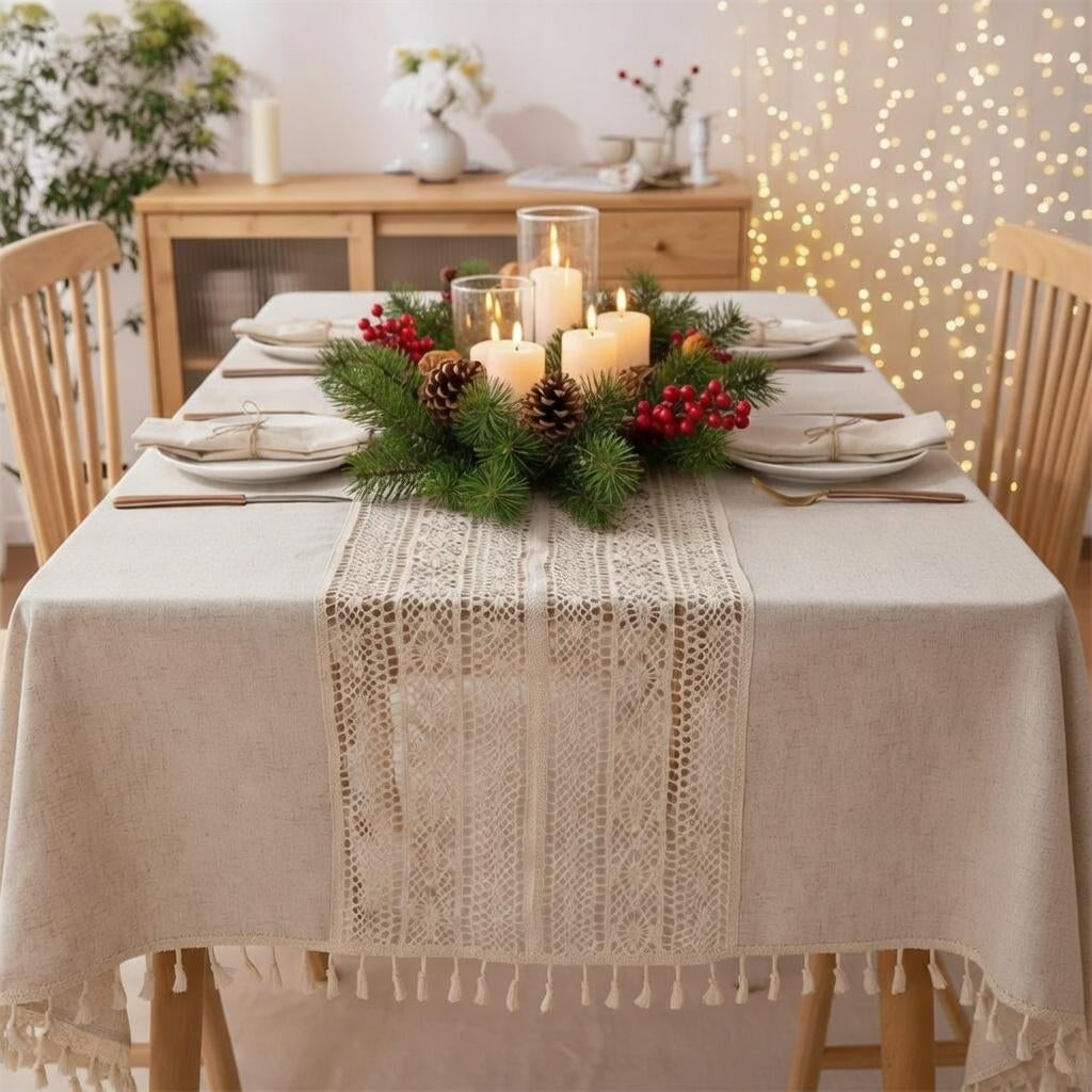 Crochet Tassel Tablecloth | Boho Farmhouse Lace Rectangle Table Cloth for Dining, Wedding & Christmas Decor