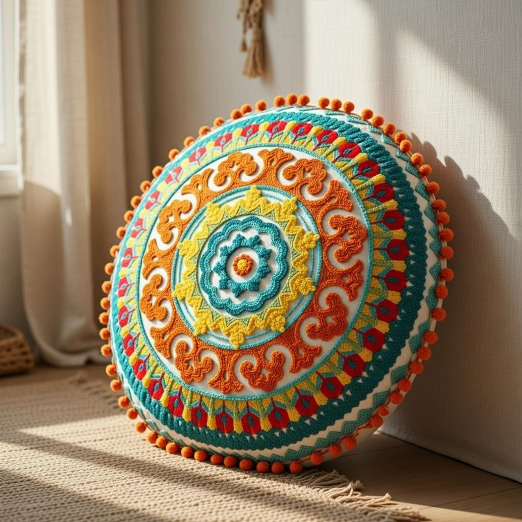 Mandala round Pillow Cover 18" Embroidered Cotton Cushion Boho Ethnic Home Decor