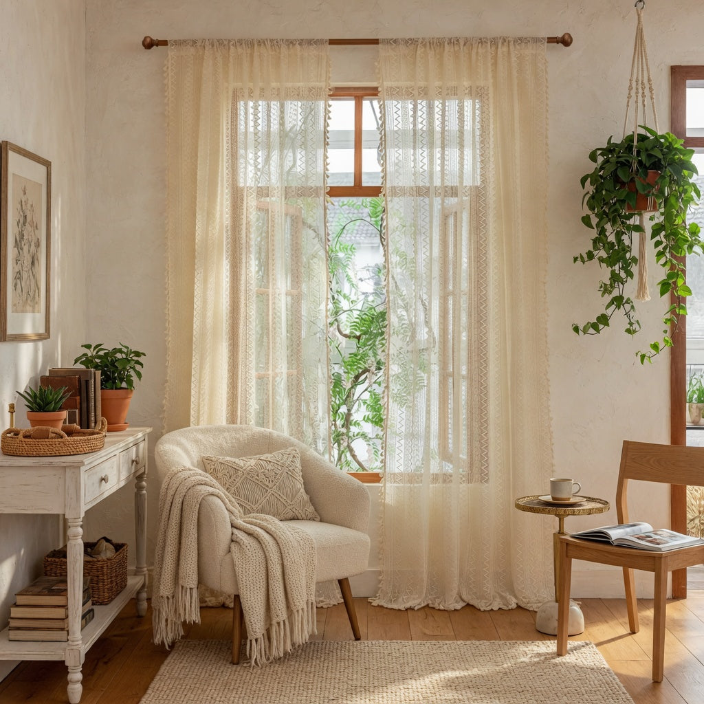 Cozy living room with white curtains, armchair, and wooden furniture.