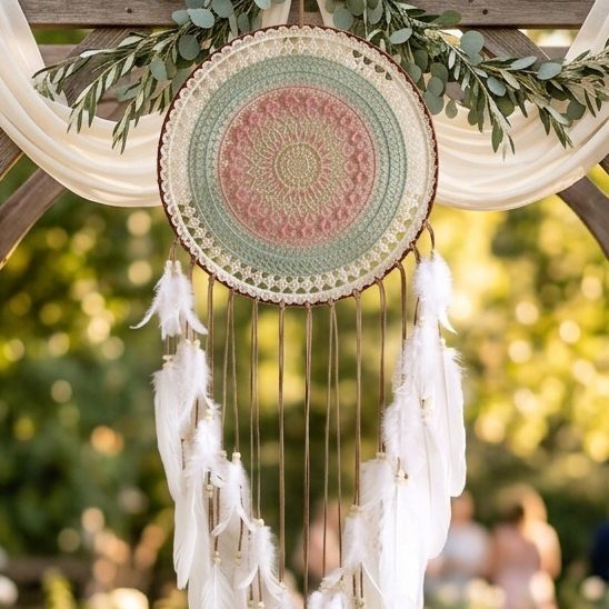 Large round mandala dreamcatcher on boho wedding arch with eucalyptus garland — outdoor ceremony decoration