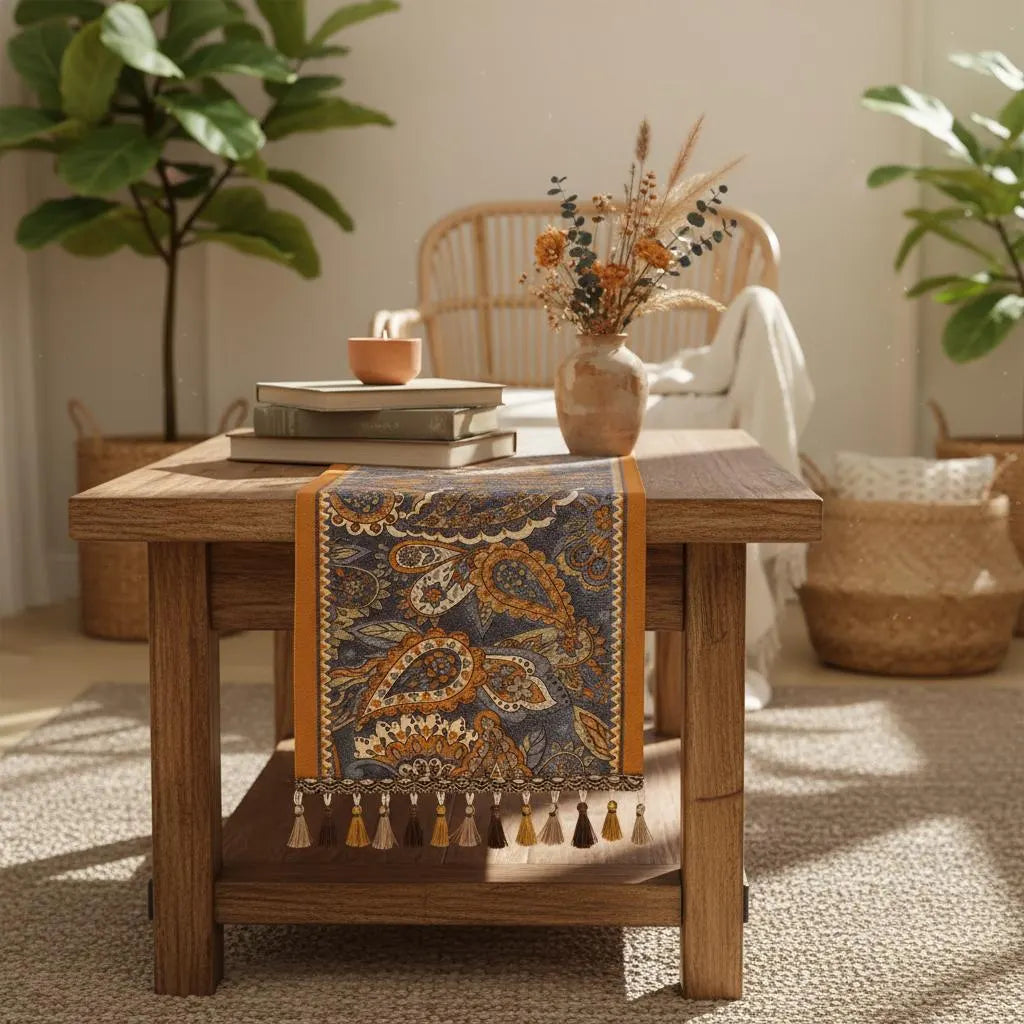 Boho Paisley Table Runner with Tassels | Farmhouse Vintage Fringe Runner | Wedding Holiday Decor
