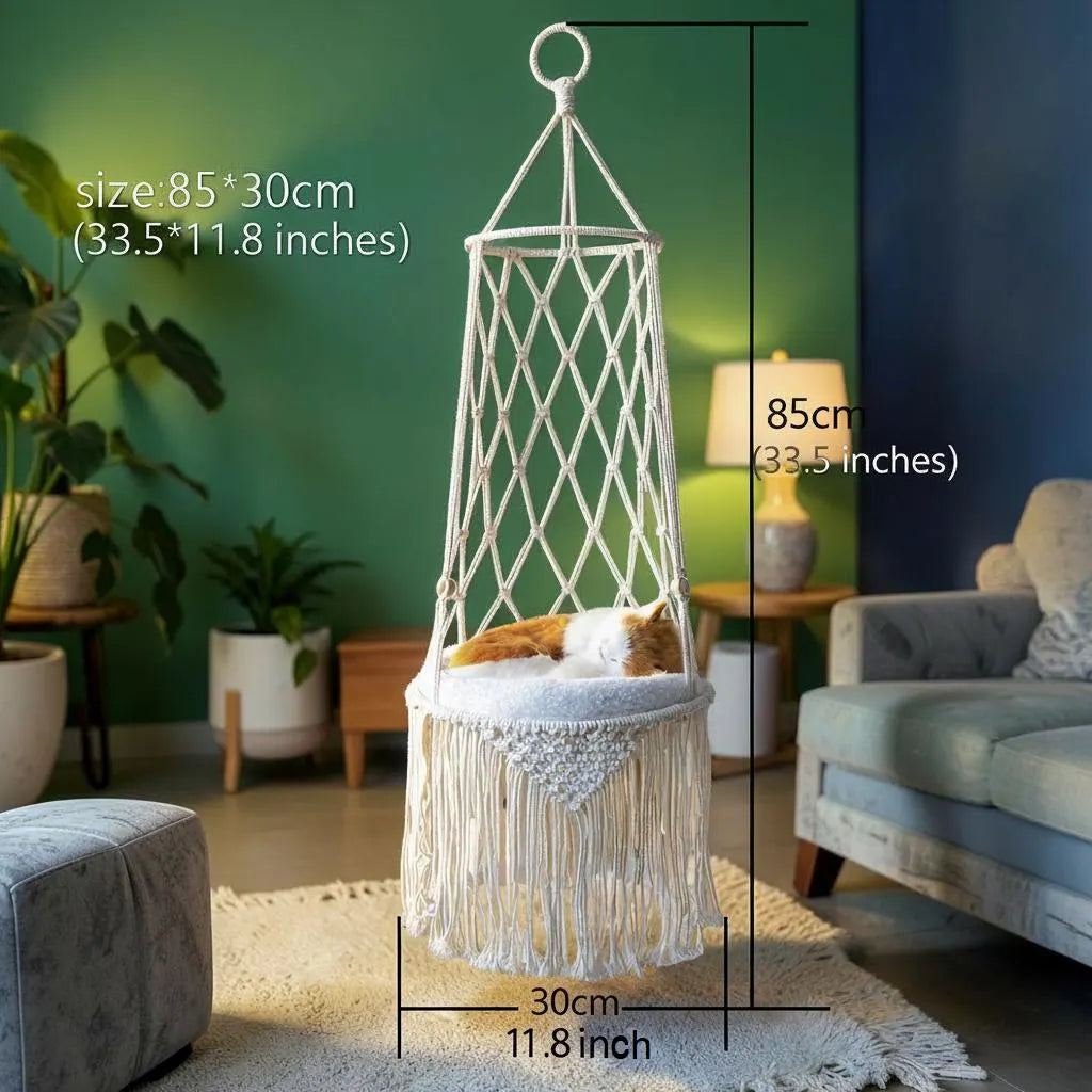 Macrame Cat Hammock – Handmade Fringe Hanging Bed, Boho Pet Decor, Cat Lover Gift